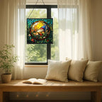 Floating Bubble Nest Gnome Stained Glass Suncatcher – Square Hanging Window Panel for Home or Greenhouse – Whimsical Glass Art Gift for Garden Lovers, Christmas, Halloween, Father Days PdPnfS - Image 7
