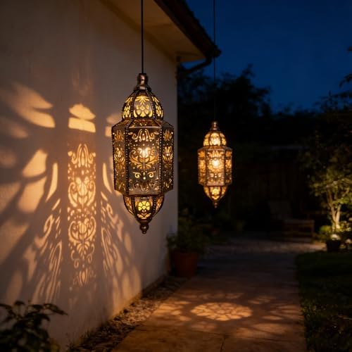 Hanging Solar Lantern Outdoor Decor, Moroccan Solar Lights for Outside Garden Decorations, Waterproof Metal LED Lanterns Garden Gifts for Mom, Women, Patio, Yard, Mother's Day（Cuboid-1 Pack） - Image 7