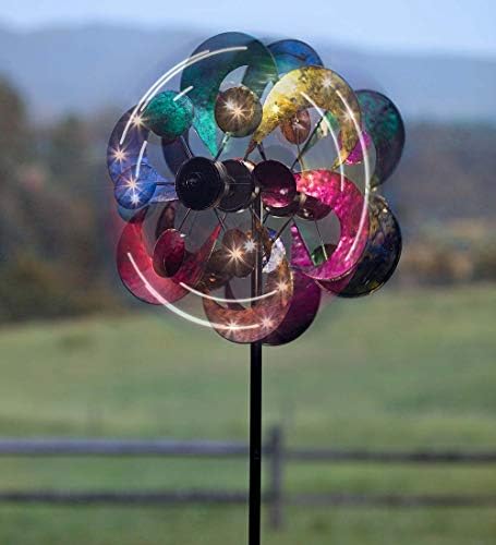 Plow & Hearth Solar Gala Wind Spinner - Enchanting 7ft Multicolor 4-Blade Wind Art | 24"x20.75"x84" | Integrated Solar Panels | LED Lights | Mesmerizing Garden Display - Image 3