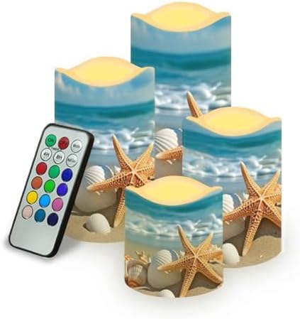 Beach Shells Flameless Candle Set of 4 with Remote Control and Timer Battery Operated Candles Waterproof Flickering Realistic LED Candle Suitable for Outdoor Seaside Proposal by YUVAMAGIMO