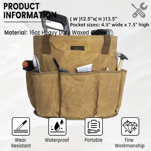 Heavy-Duty 16oz Waxed Canvas Garden Tool Tote with Handle, Wide-Mouth Open Top Design 12.5 inch Tool Bag | Khaki - Image 2