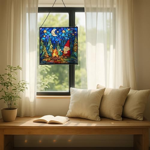 Camping Gnome Delight Stained Glass Suncatcher – Square Hanging Window Panel for Home or Greenhouse – Whimsical Glass Art Gift for Garden Lovers, Christmas, Halloween, Father Days PbwBv7 - Image 7