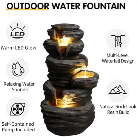 Outdoor Fountain with Lights Artificial Stacked Rock Cascading Waterfall Fountain for Patio Yard Porch Garden Landscape Decor - Image 7