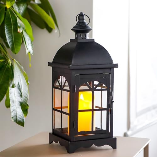 TRIROCKS Decorative Vintage Candle Lanterns 14.5" H Farmhouse Outdoor Hanging Lanterns with Tempered Glass for Porch, Balcony, Patio, Home, Centerpieces, Indoor, Outdoor(Black) - Image 6