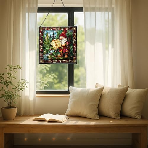 Gnome with Treasure map Stained Glass Suncatcher – Square Hanging Window Panel for Home, Garden, Nursery, Halloween, Christmas, Memorial Day – Whimsical Glass Art Gift for Gnome Lovers lfqkjl - Image 7