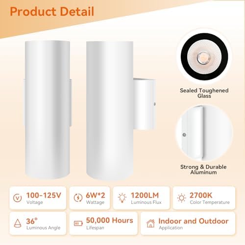 JO.KO Porch Light in 2 Lights, Cylinder Wall Lights 10.24" 2 Pack, Up Down Lights 2700K Warm White, Waterproof Wall Sconce, Aluminum,Exterior Light Fixture Wall Mount, White - Image 5