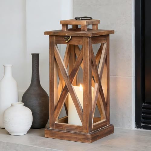 Rustic Farmhouse Wooden Candle Lantern,17'' H Lanterns Decorative Indoor&Outdoor, Patio Decor, Hanging Lantern Holder Decor for Indoor Outdoor, Home, Garden, Wedding - Image 2