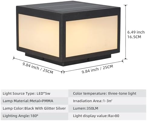 Solar Post Lights Outdoor Pillar Light,Solar Cap Column Lighting LED Square Deck Cap Lamp for Flat Surface Patio Garden Decoration, Stainless Steel Lamp Post Dusk to Dawn with IP65 Waterproof（10"x10"） - Image 6