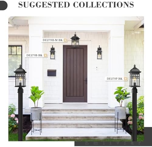 Emliviar 15" Outdoor Porch Lights 2 Pack, Outdoor Wall Lights for House, Seeded Glass Shade, Black Finish, DE279B-2PK BK - Image 2