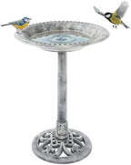 Outdoor Antique-Style Bird Bath - Weather-Resistant Polyresin Basin with Vintage Design and Ground Stakes - Yard and Patio Decor by Pure Garden (Gray) by PureGarden