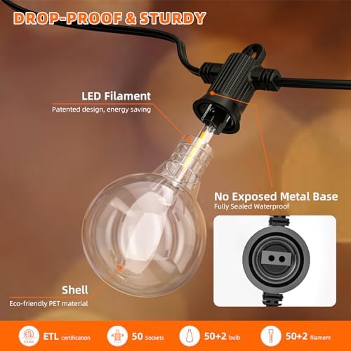 Kawaya G40 Outdoor String Lights 50FT IP65 Waterproof 2700K LED Patio Light - Image 4