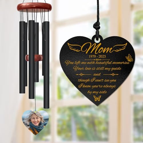 Personalized Mom Memorial Wind Chime – “You Left Me with Beautiful Memories” Custom Name & Years – Heart Shaped Angel Wing Sympathy Gift – Outdoor Remembrance Windchime for Loss of Mother or Wife by AlpadilCo