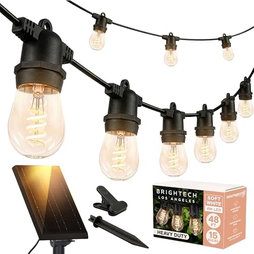 Brightech Ambience Pro Super Bright 48 Ft, 15 Bulbs Solar Power Remote Control Outdoor String Lights, Edison Spiral Shatterproof Bulbs, Commercial Grade LED, Waterproof Patio Lights, 4W Soft White by Brightech