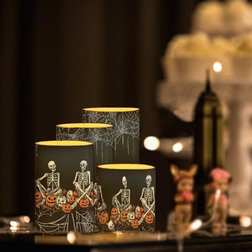 Halloween Skeleton Pumpkin Battery Operated LED Candles with Timer Flameless Candles with Remote 4Pcs Outdoor Lanterns Indoor Outdoor Trick or Treat Party Home Decorations - Image 5
