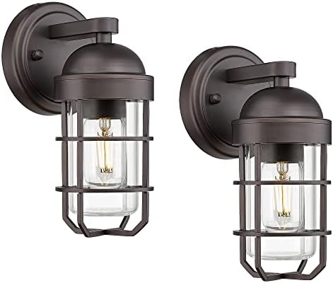 Emliviar Farmhouse Outdoor Wall Sconces, 2 Pack Vintage Exterior Light Fixtures with Nautical Metal Cage and Tempered Glass, Oil Rubbed Bronze Finish, GE255B-2PK ORB by EMLIVIAR