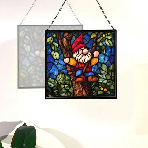 Gnome with Tree Climbing Stained Glass Suncatcher – Square Hanging Window Panel for Home, Garden, Nursery, Halloween, Christmas, Memorial Day – Whimsical Glass Art Gift for Gnome Lovers sao25y - Image 4