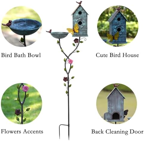 57" H Metal Bird Bath Bowl and Bird House 2-in-1 Design for Outdoors, Garden Yard Decor - Image 4