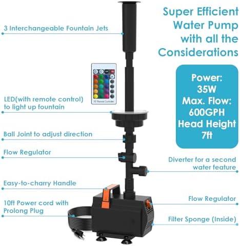 AquaMiracle Submersible Pond Fountain Pump 600GPH | Remote Controlled LED Lights | Outdoor Water Fountain Pump | 3 Fountain Patterns | for Small Ponds, Gardens, Water Feature, Bird Baths - Image 5