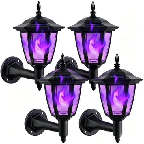 Dynaming 4 Pack Solar Flame Wall Lanterns Outdoor, Halloween Solar Powered Wall Mounted Sconce Lights, Flickering Purple Flame LED Lights Auto On/Off, Waterproof for Garage Stair Patio Porch Yard by Dynaming