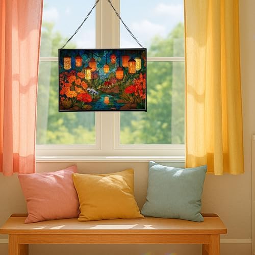 Twilight Garden with Floating Lanterns Rectangular Stained Glass Suncatcher – Hanging Window Panel with Animal & Nature Scene – Vibrant Glass Art Gift for Wildlife, Fantasy, Nature Lovers lsBhyO - Image 5