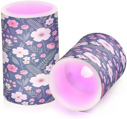 Boho Navy Blue and Pink Floral Flameless Candles with Remote Control Candles with Timer Waterproof Electronic Lights Glitter Led for Night Battery Operated Pillar 2-Piecing Set - Image 2