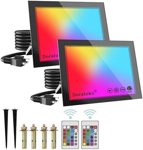 2 Pack Aluminum RGB Flood Lights Outdoor, Durable 100W Color Changing Floodlight Outside, IP66 Waterproof, Remote Control, Plug and Play, Various Scenes, DIY Modes, Memory Function(With Ground Stakes) by Doraloko