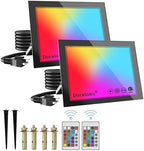 2 Pack Aluminum RGB Flood Lights Outdoor, Durable 100W Color Changing Floodlight Outside, IP66 Waterproof, Remote Control, Plug and Play, Various Scenes, DIY Modes, Memory Function(With Ground Stakes) by Doraloko