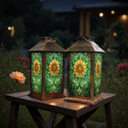 Stained Glass Style Solar Lantern Outdoor Garden Hanging Lantern Intricate Sunflower Stained Glass Art Spring Hues Waterproof Solar Powered Lighting Outside Table Lamp for Patio Deck Yard Camping - Image 6