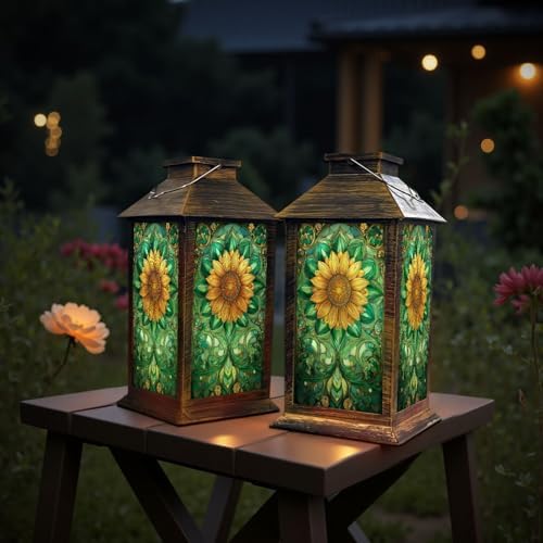 Stained Glass Style Solar Lantern Outdoor Garden Hanging Lantern Intricate Sunflower Stained Glass Art Spring Hues Waterproof Solar Powered Lighting Outside Table Lamp for Patio Deck Yard Camping - Image 6