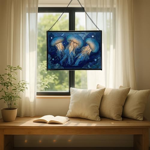 Jellyfish Floating in Moonlit Waters Rectangular Stained Glass Suncatcher – Hanging Window Panel with Animal & Nature Scene – Vibrant Glass Art Gift for Wildlife, Fantasy, Nature Lovers NMAUJn - Image 7