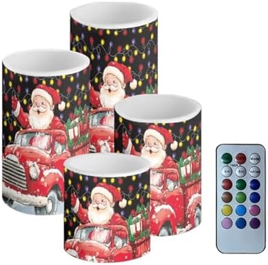GLENLCWE Christmas Santa Claus Truck LED Battery Operated Flameless Candles Set of 4 Flickering Pillar Candles (H 3" 4" 5" 6" x D 3") Remote Control Candle with 4/8 Hour Timer by GLENLCWE