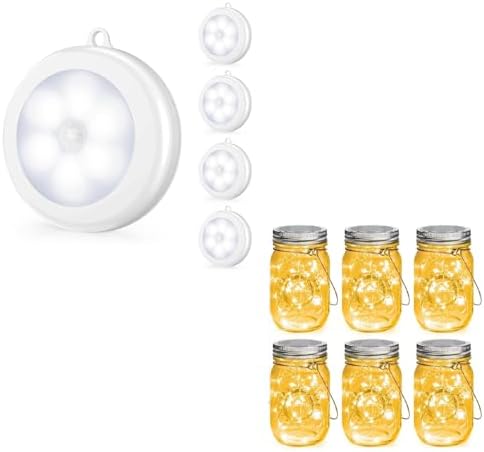 Mlambert Bundle－－2 Items： 4 Pack Motion Sensor LED Night Light Bundle with Mason Jar Solar Lights -30 LED, 6 Pack Hanging Solar Lanterns by Mlambert