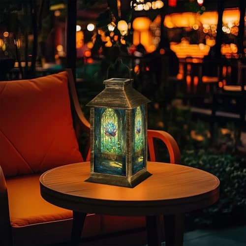 Solar Lantern Art Stained Glass Window Majestic Lotus Flower Outdoor Waterproof Garden Hanging Lantern Solar Powered Lighting Outside Table Lamp for Patio Deck Camping 1 Pack - Image 7