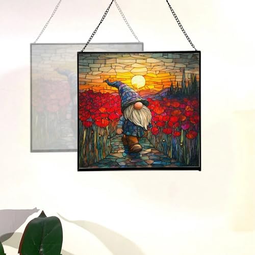 Gnome with Poppy Field Stained Glass Suncatcher – Square Hanging Window Panel for Home or Greenhouse – Whimsical Glass Art Gift for Garden Lovers, Christmas, Halloween, Father Days 6JfMPN - Image 4
