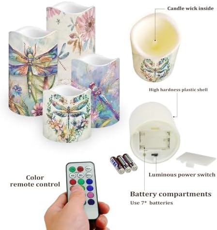 Dragonfly Pattern Flickering Flameless Candles Pillar LED Candles with Remote and Timer Set of 4 Color Changing Battery Operated Candles for Home Birthday Decoration - Image 3