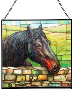 Black Morgan Horse Watching Over Stone Wall Square Suncatcher – Stained Glass Style Window Panel with Pastoral Scene, Custom Decorative Hanging Art for Equestrian Home, Christmas 9GkWE2 by Custom