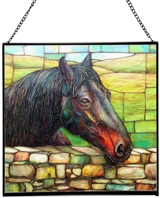 Black Morgan Horse Watching Over Stone Wall Square Suncatcher – Stained Glass Style Window Panel with Pastoral Scene, Custom Decorative Hanging Art for Equestrian Home, Christmas 9GkWE2 by Custom