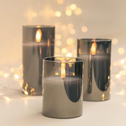 Grey Glass Flameless Candles Real Wax LED Pillar Candles Set of 3 - Image 2