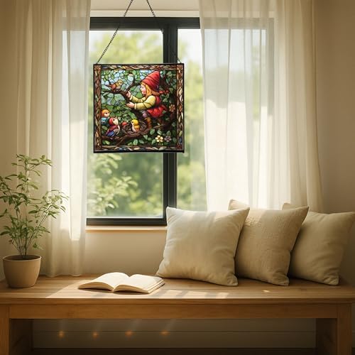 Gnome with Baby Birds Stained Glass Suncatcher – Square Hanging Window Panel for Home, Garden, Nursery, Halloween, Christmas, Memorial Day – Whimsical Glass Art Gift for Gnome Lovers bchnpw - Image 7