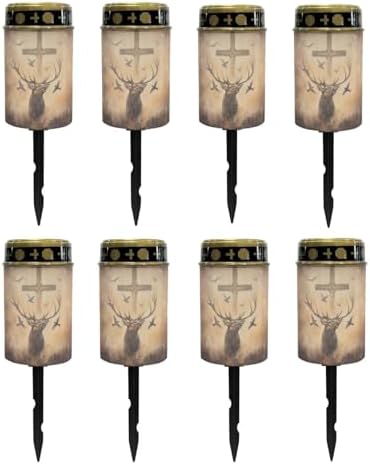 Poceacles 8 Pack Cross Solar Lights Outdoor for Cemetery Grave Decorations, Fake LED Pillar Candles Solar Powered Waterproof Outdoor Stake Lights Grave Markers, Deer Cross Dove of Peace Vintage by Poceacles