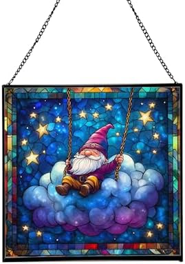 Cloud Gnome Swing Stained Glass Suncatcher – Square Hanging Window Panel for Home or Greenhouse – Whimsical Glass Art Gift for Garden Lovers, Christmas, Halloween, Father Days MPT6CG by Custom