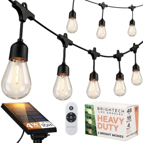 Brightech Ambience Pro Super Bright Solar - 48 Ft Remote Control Outdoor String Lights with Shatterproof Commercial Grade LED S14 Edison Bulbs, Waterproof Patio Light for Deck, 4W Soft White, 15 Bulbs by Brightech