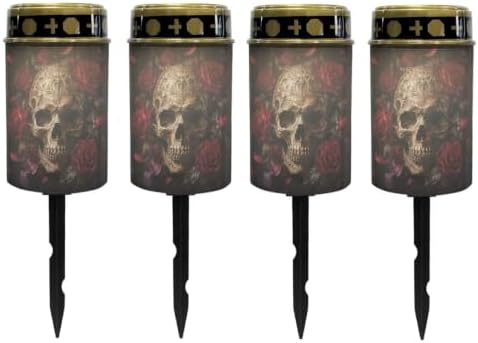 Poceacles Solar Candle Cemetery Solar Lights for Grave LED Garden Flameless Powered Pathway Lights for Halloween Outdoor Decoration, Skull Rose Black Print, 4 Pack by Poceacles
