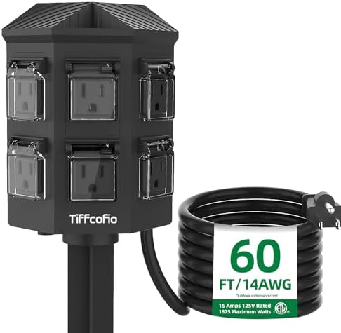 TiFFCOFiO Outdoor Power Strip with Stake Waterproof, 60 FT Extension Cord, 6 Grounded Outlets for Outdoor Lights, 14 AWG, 15A/1875W, ETL Listed by TiFFCOFiO