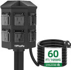 TiFFCOFiO Outdoor Power Strip with Stake Waterproof, 60 FT Extension Cord, 6 Grounded Outlets for Outdoor Lights, 14 AWG, 15A/1875W, ETL Listed by TiFFCOFiO