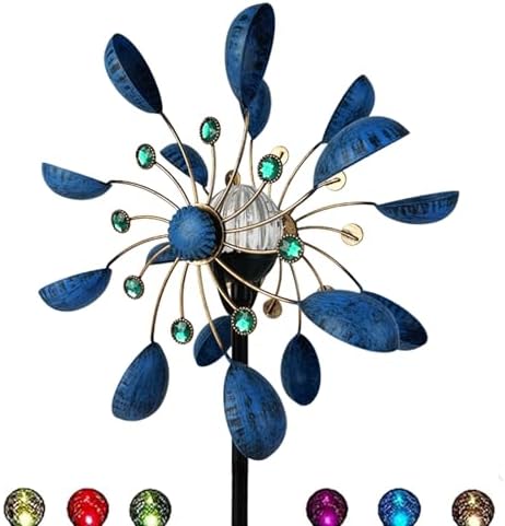 NUENUN Wind Spinner Outdoor Metal - Multi-Color Seasonal LED Lighting Solar Powered Glass Ball with Kinetic Wind Spinner Dual Direction for Patio Lawn & Garden (Blue with Light) by Unknown