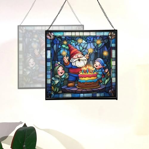 Gnome with Birthday Cake Stained Glass Suncatcher – Square Hanging Window Panel for Home, Garden, Nursery, Halloween, Christmas, Memorial Day – Whimsical Glass Art Gift for Gnome Lovers cw39up - Image 4