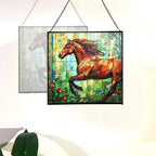 Brown Dutch Warmblood Horse Galloping Along Wild Hedgerow Square Suncatcher – Stained Glass Style Window Panel with Pastoral Scene, Custom Decorative Hanging Art for Equestrian Home, Christmas jib2gJ - Image 4