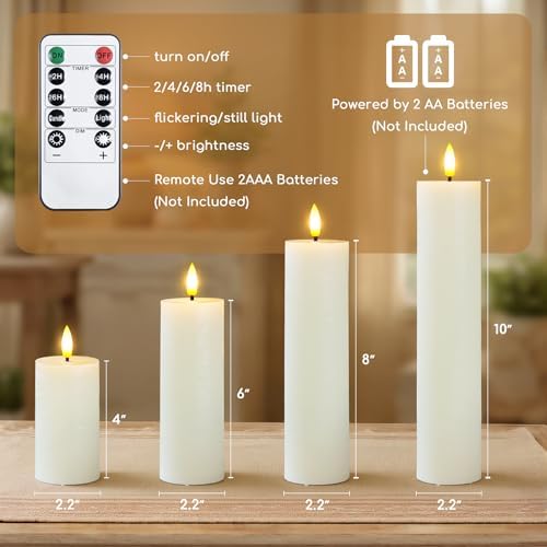 Flameless Real Wax Pillar LED Candles with Remote Control, Battery Operated Cycle Timer Ivory Pack of 4 Flickering 3D-Wick Warm Light for Indoor Home Decor (2.2" x 4" 6" 8" 10") - Image 4