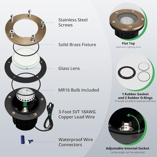 GKOLED 12V LED Brass Well Lights, In Ground Light Outdoor with MR16 Bulb and Swival Base, Low Voltage Landscape Lighting, 5W 410LM 2700K, IP67 Waterproof Up Light for Garden, Open Top, 12 Pack - Image 4